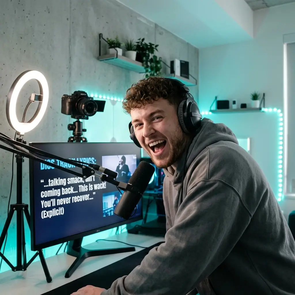 Content creator recording a diss track reaction video with teal cyan lighting