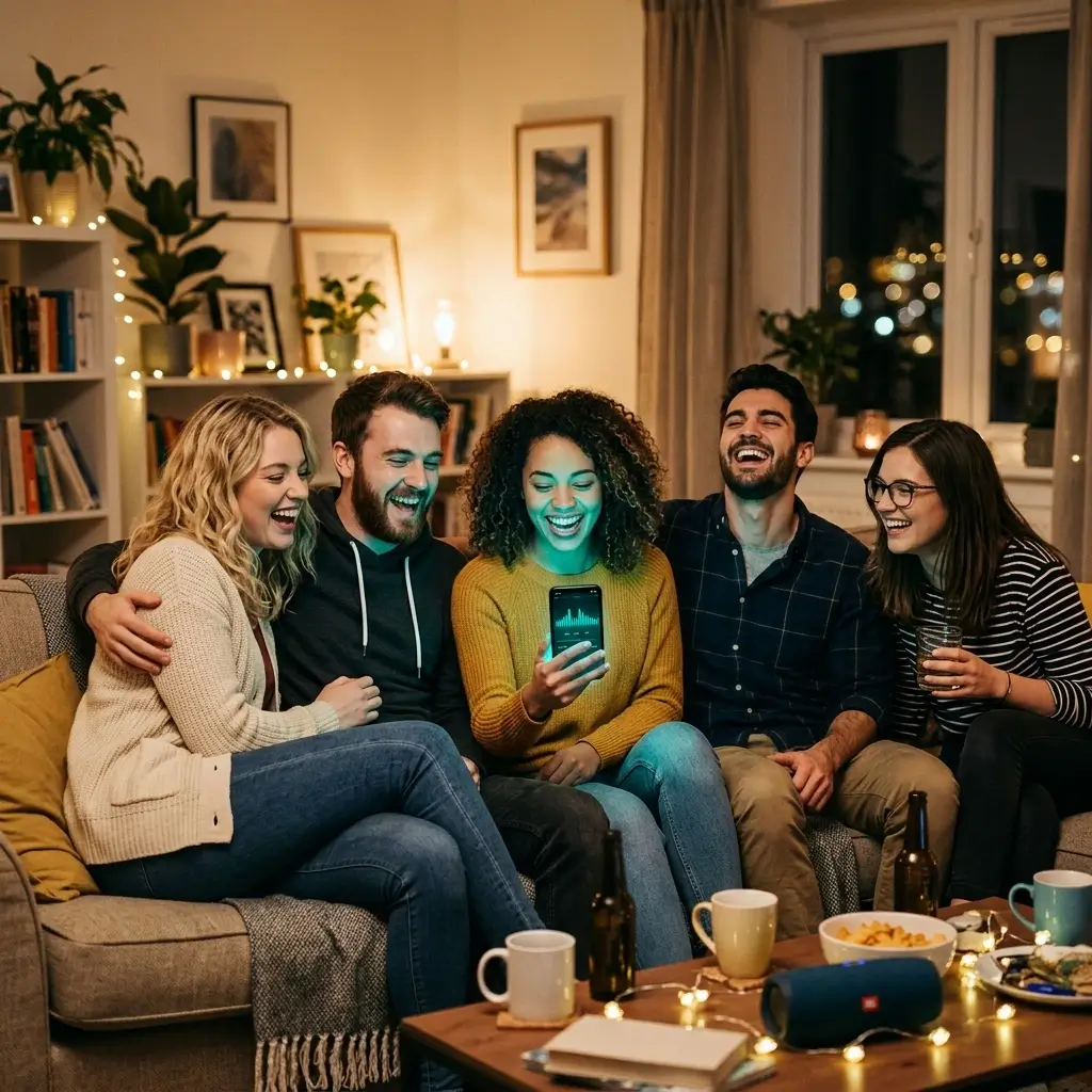 Friends laughing while listening to a diss track on a phone with teal cyan glow