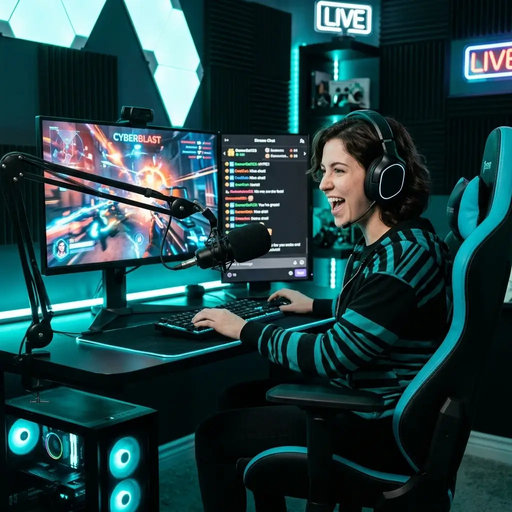 Gamer at streaming setup with diss track playing on screen in teal cyan lighting
