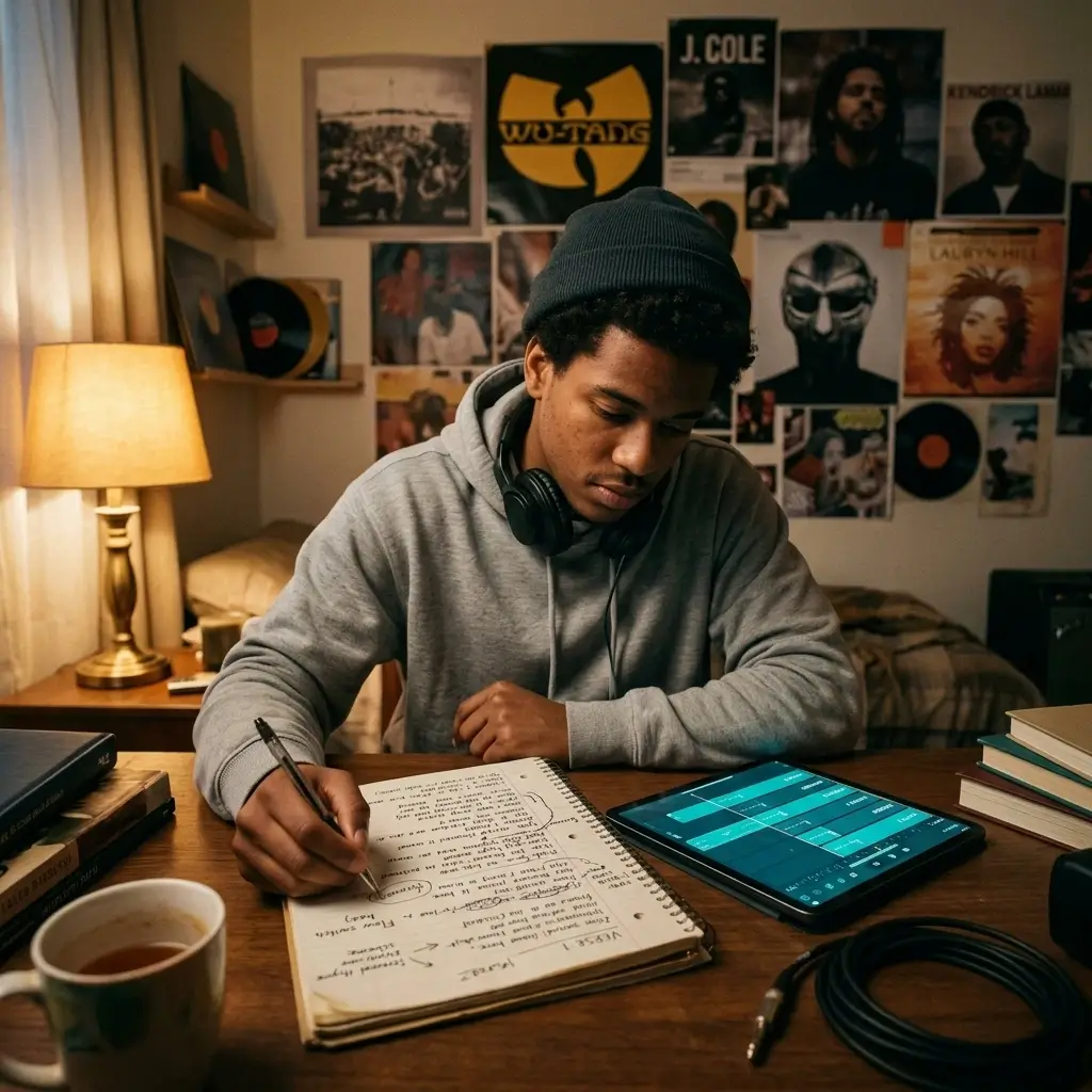Young musician studying rap lyrics on a notebook with teal cyan interface on tablet