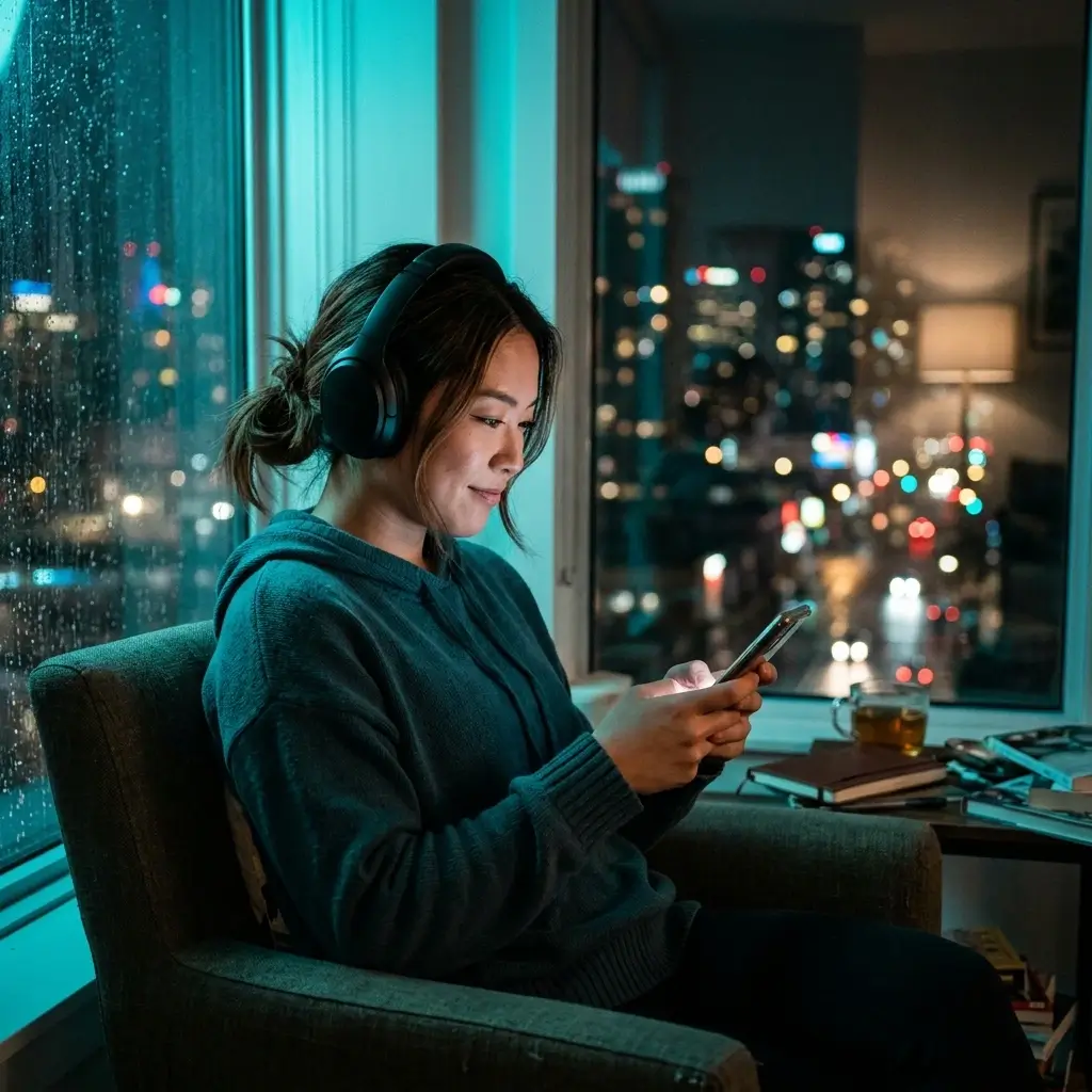 Person with headphones writing emotional lyrics on phone with teal cyan ambient light