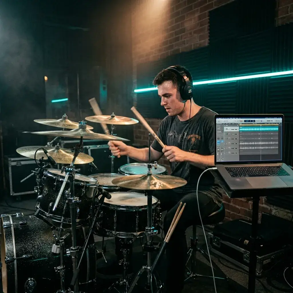 Schlagzeuger spielt zu einem trommellosen Backing-Track auf Studiomonitoren