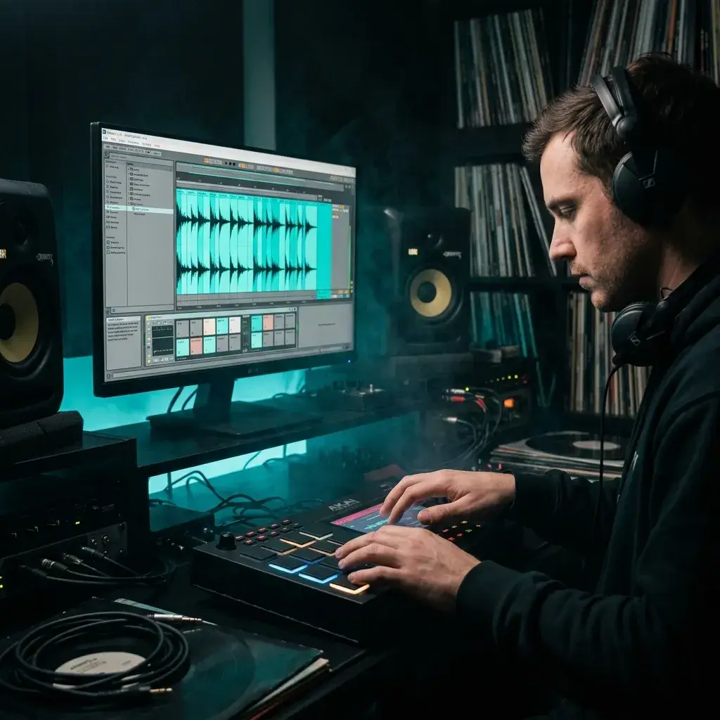Der Produzent hackt einen isolierten Drum-Loop in einer DAW-Sitzung