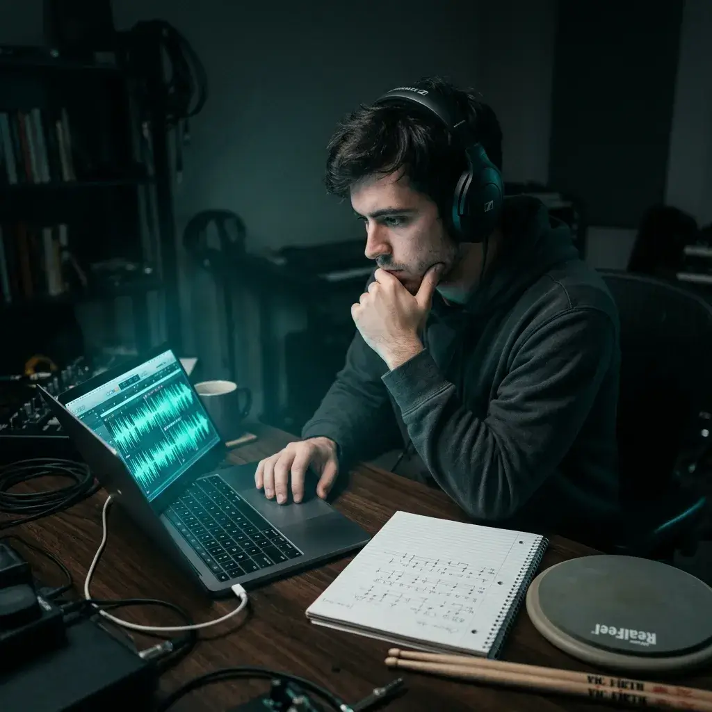 Musikstudent studiert ein isoliertes Drum-Pattern über Kopfhörer mit einem Notebook