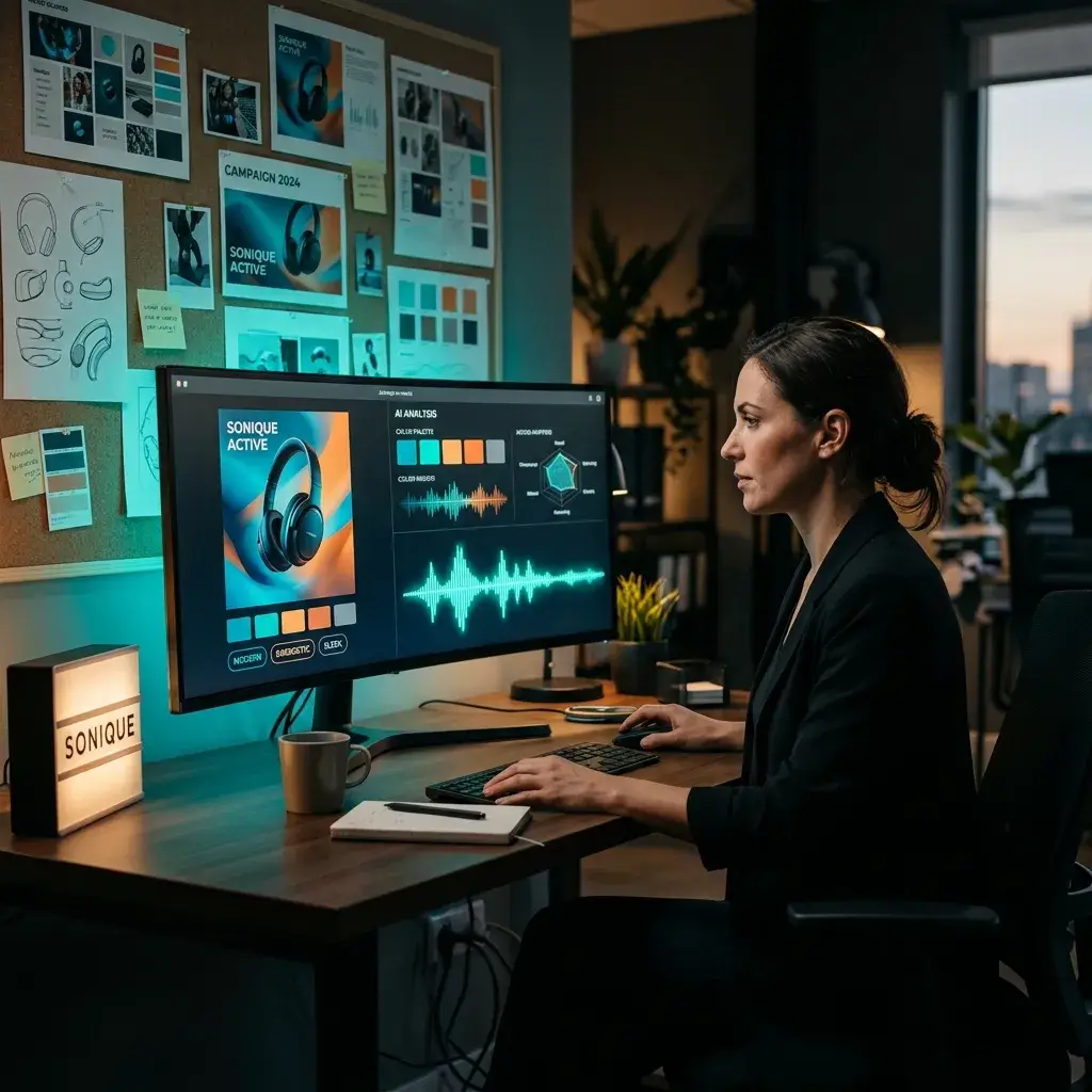 Marketing-Team entwickelt aus einem Kampagnenmotiv passende Markenmusik