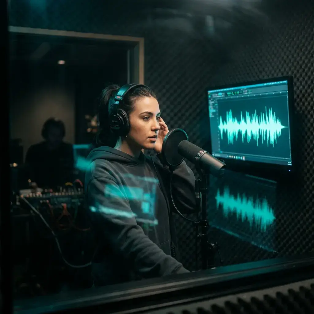Singer studying isolated vocal track for cover recording