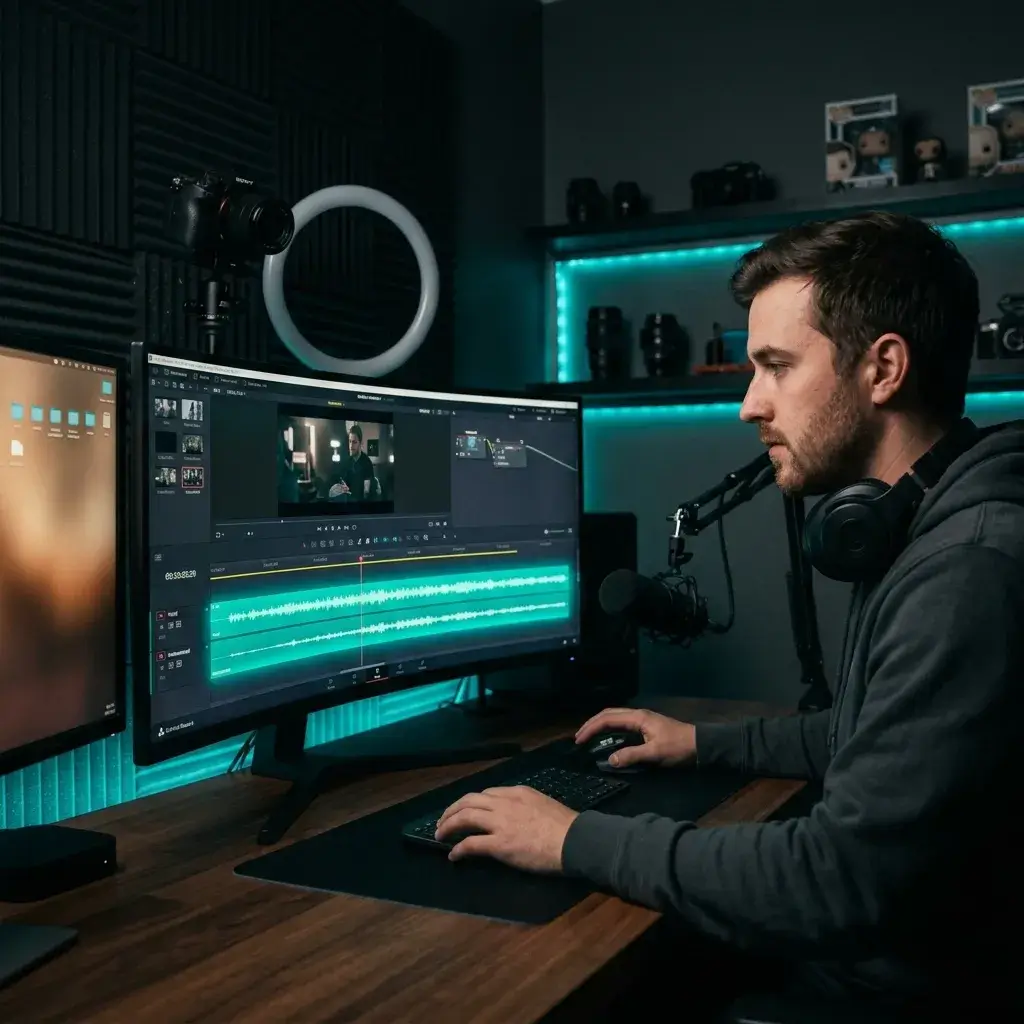 Content creator removing background music from video audio