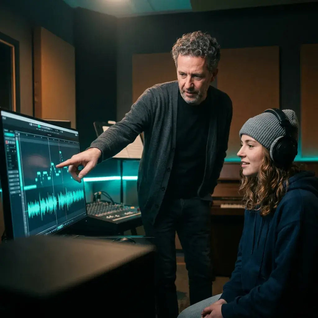 Vocal coach analyzing isolated vocal track for teaching
