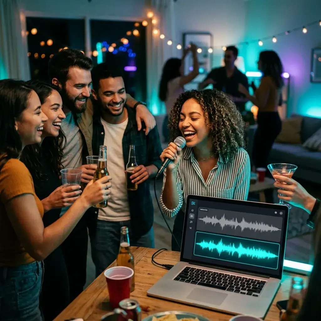 Friends at a house party singing karaoke with an AI-generated instrumental track playing on a laptop