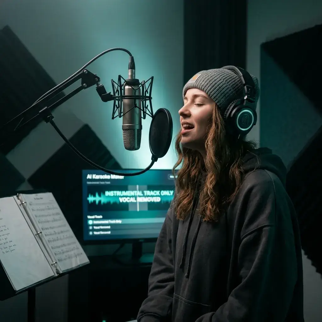 Vocal student practicing with headphones over an AI-separated instrumental backing track