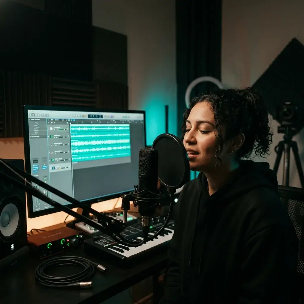 Cover artist recording vocals over an AI-extracted instrumental track in a home studio