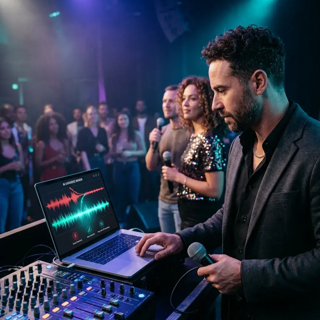 Professional karaoke host creating a custom instrumental track on the fly during an event