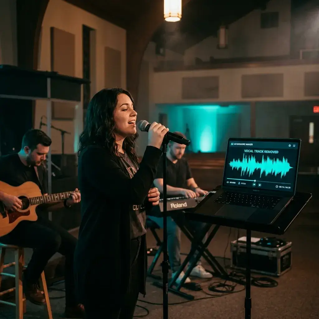 Worship team rehearsing with an AI-generated instrumental backing track