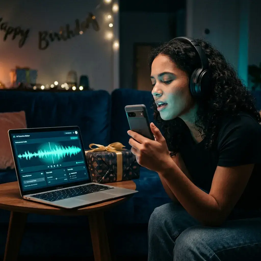Person recording a personalized song as a gift using an AI karaoke backing track