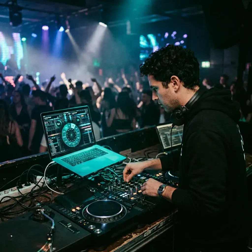 DJ checking Camelot key and BPM of tracks for harmonic mixing