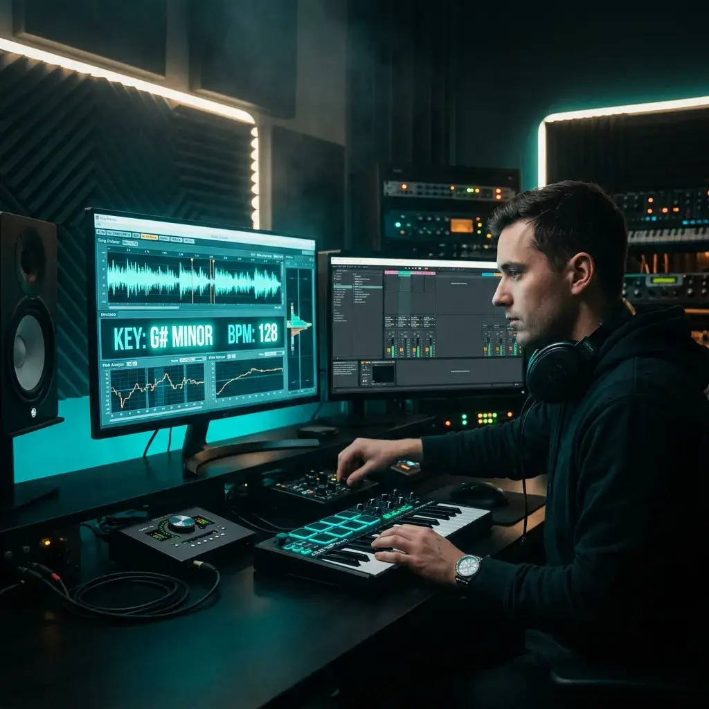 Music producer checking the key and BPM of a sample before remixing