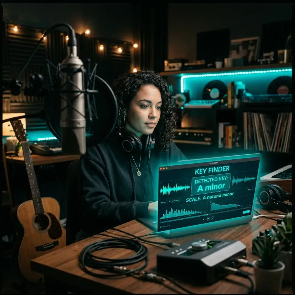 Singer using a key finder to identify the key of a song for a cover