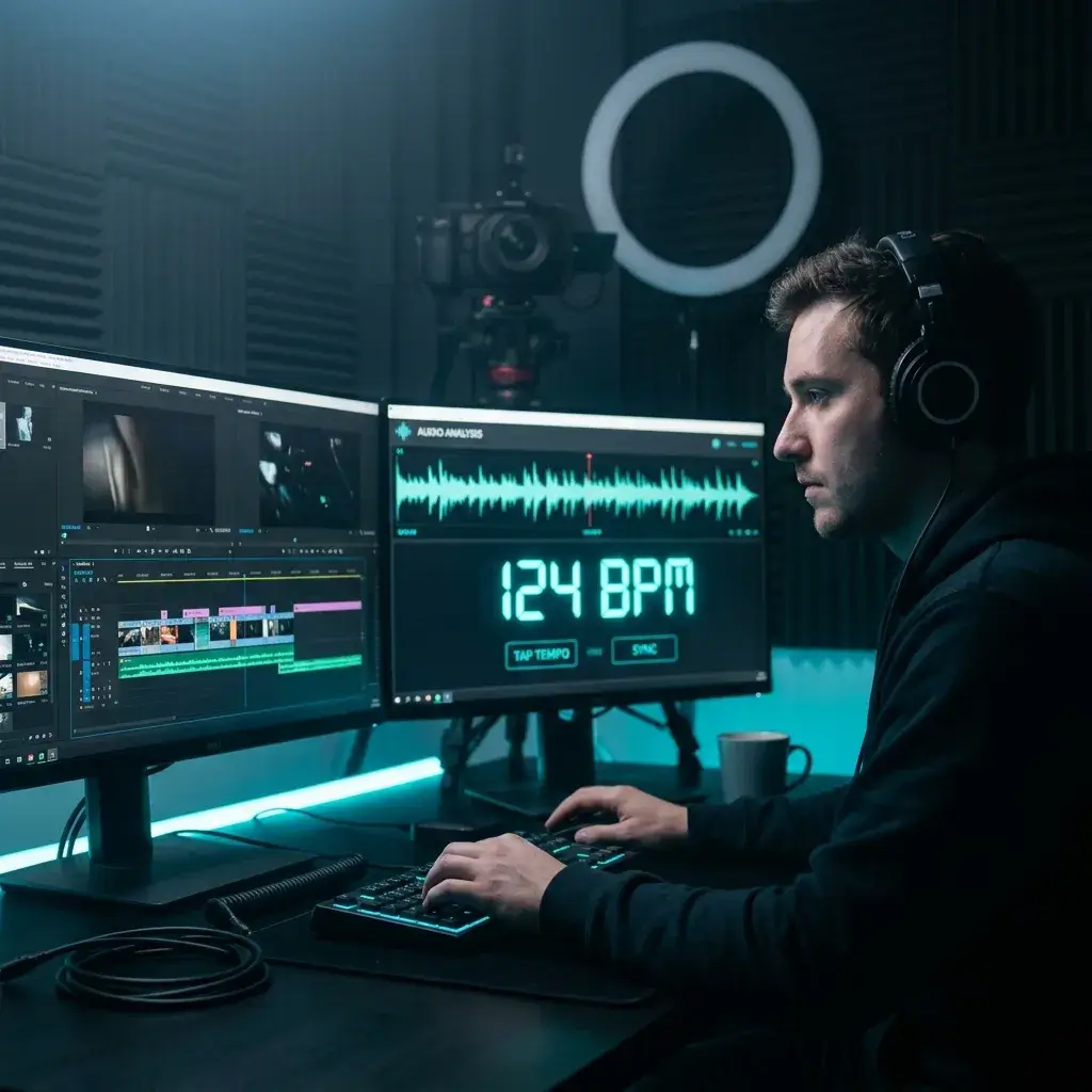 Video editor analyzing the BPM of a background track to sync with video cuts