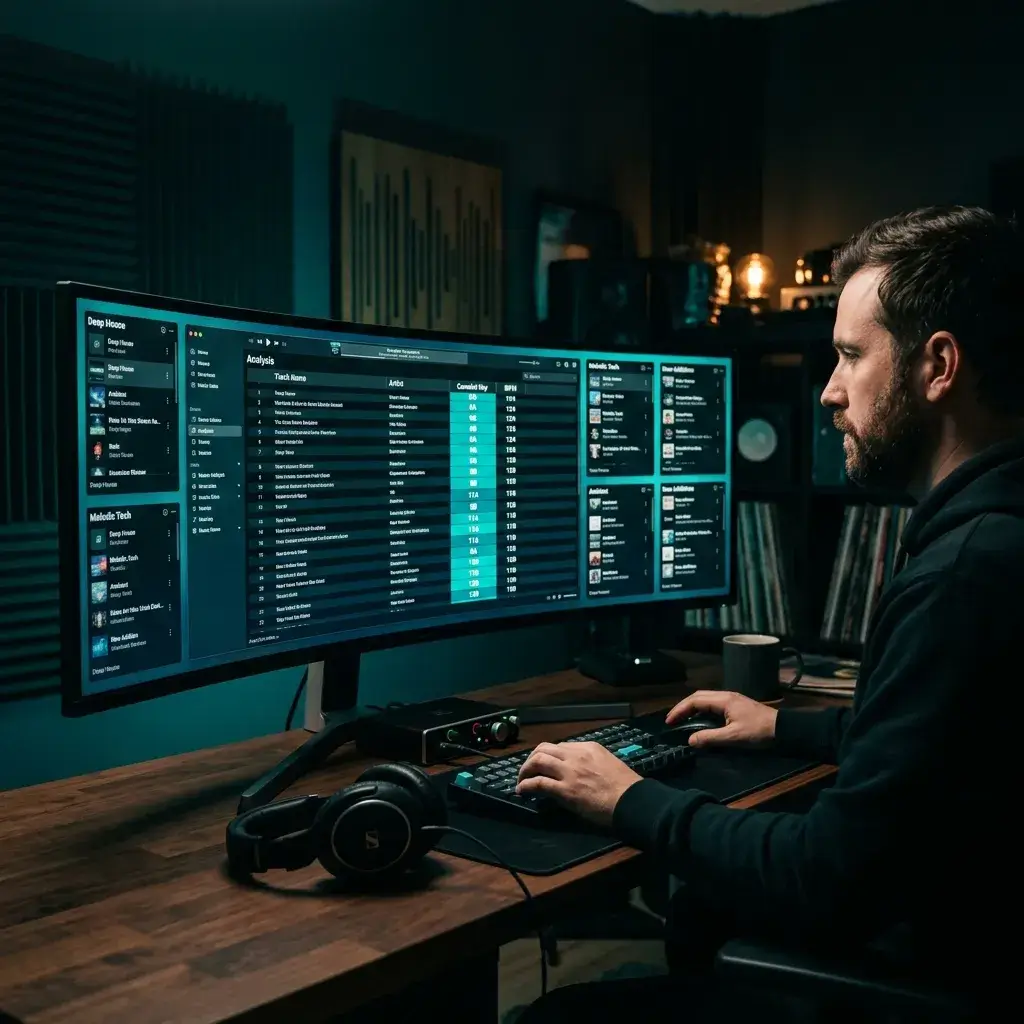 Music curator organizing a playlist by key and BPM using an online analyzer