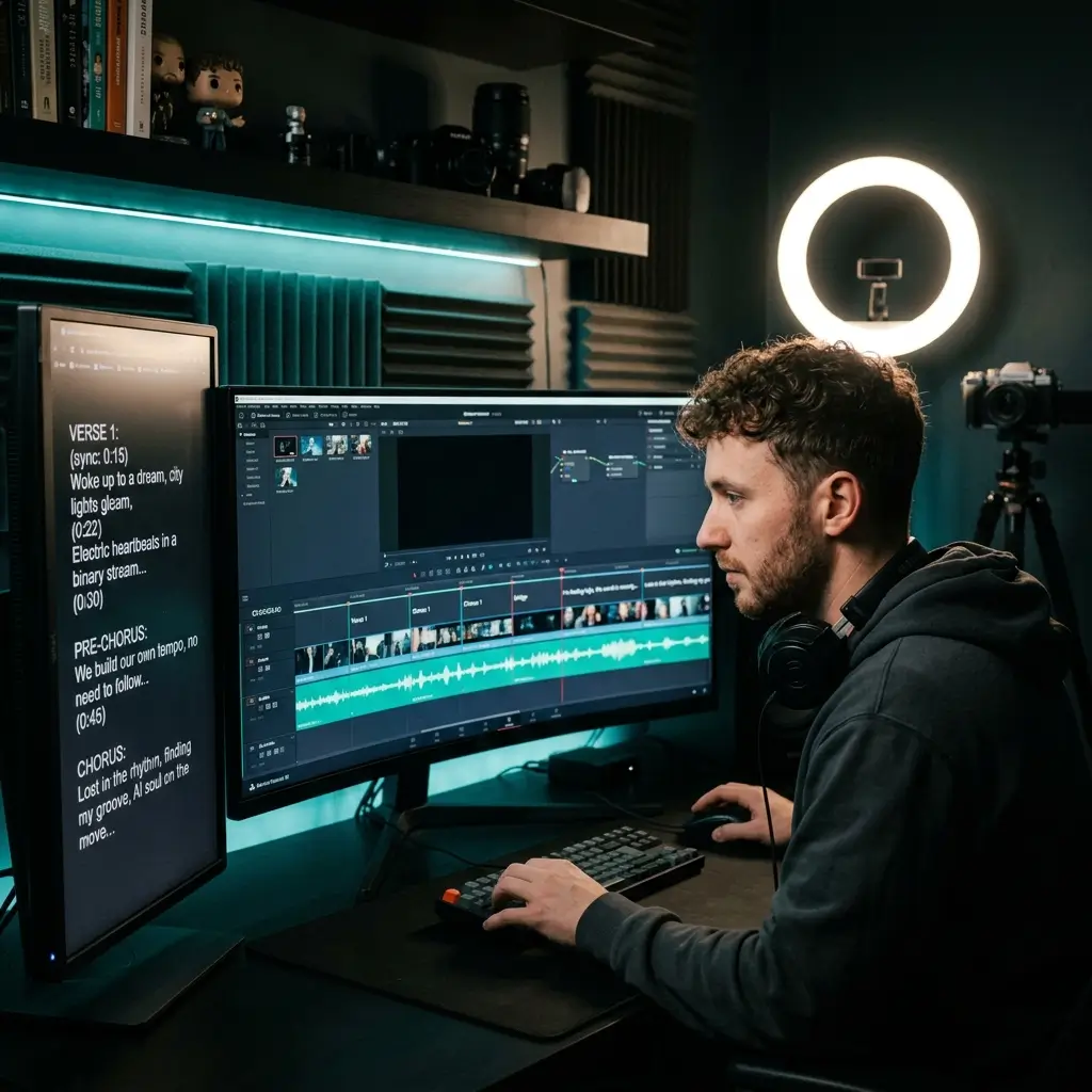 Content creator editing a YouTube video with a custom AI-generated song