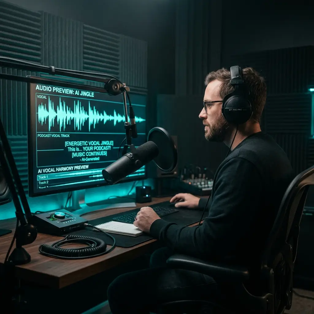 Podcaster previewing an AI-generated intro song on a studio monitor