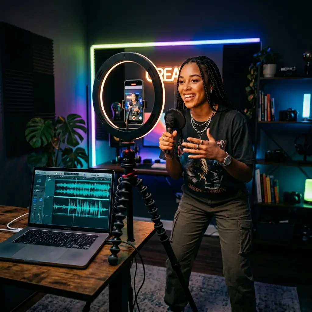Social media creator producing a TikTok video with a custom AI-generated song