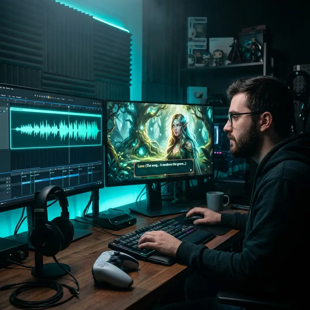 Indie game developer integrating an AI-generated soundtrack into a game scene