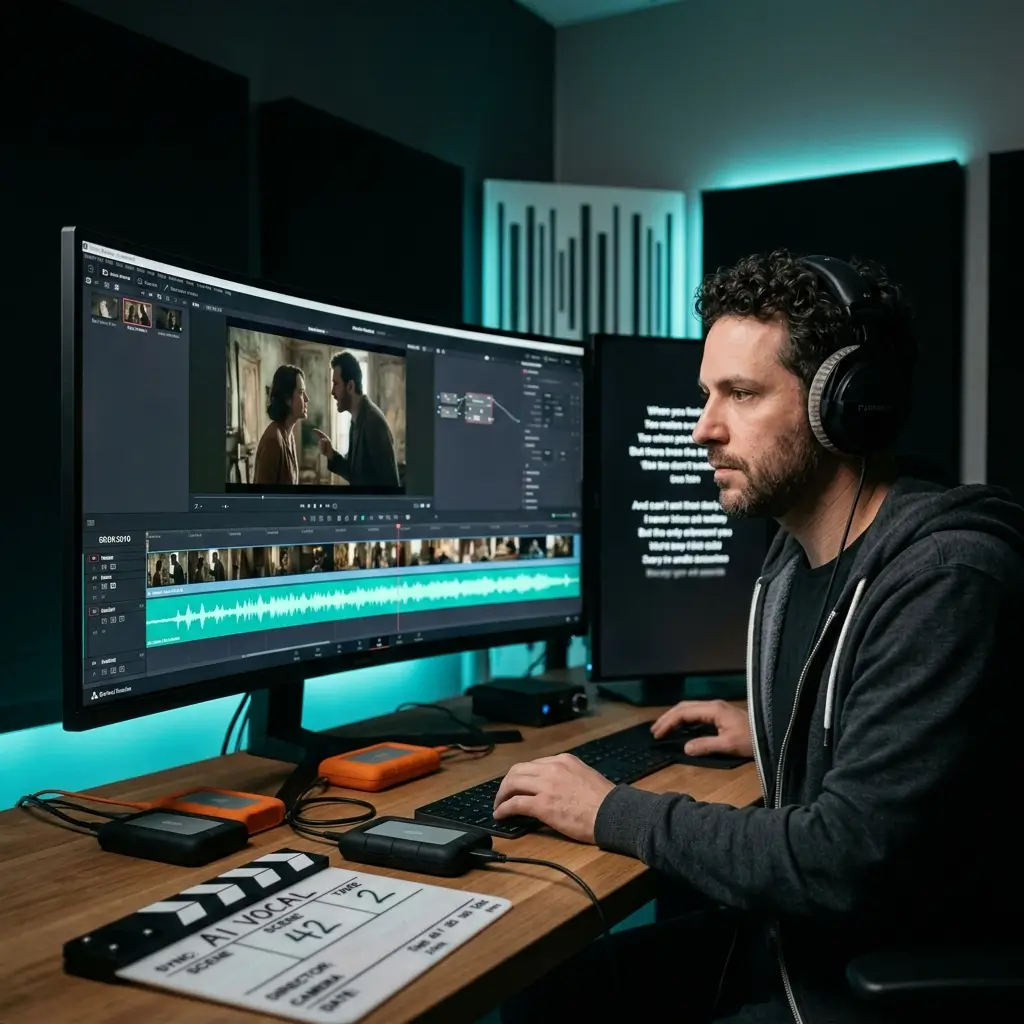 Filmmaker syncing an AI-generated vocal track to a dramatic scene
