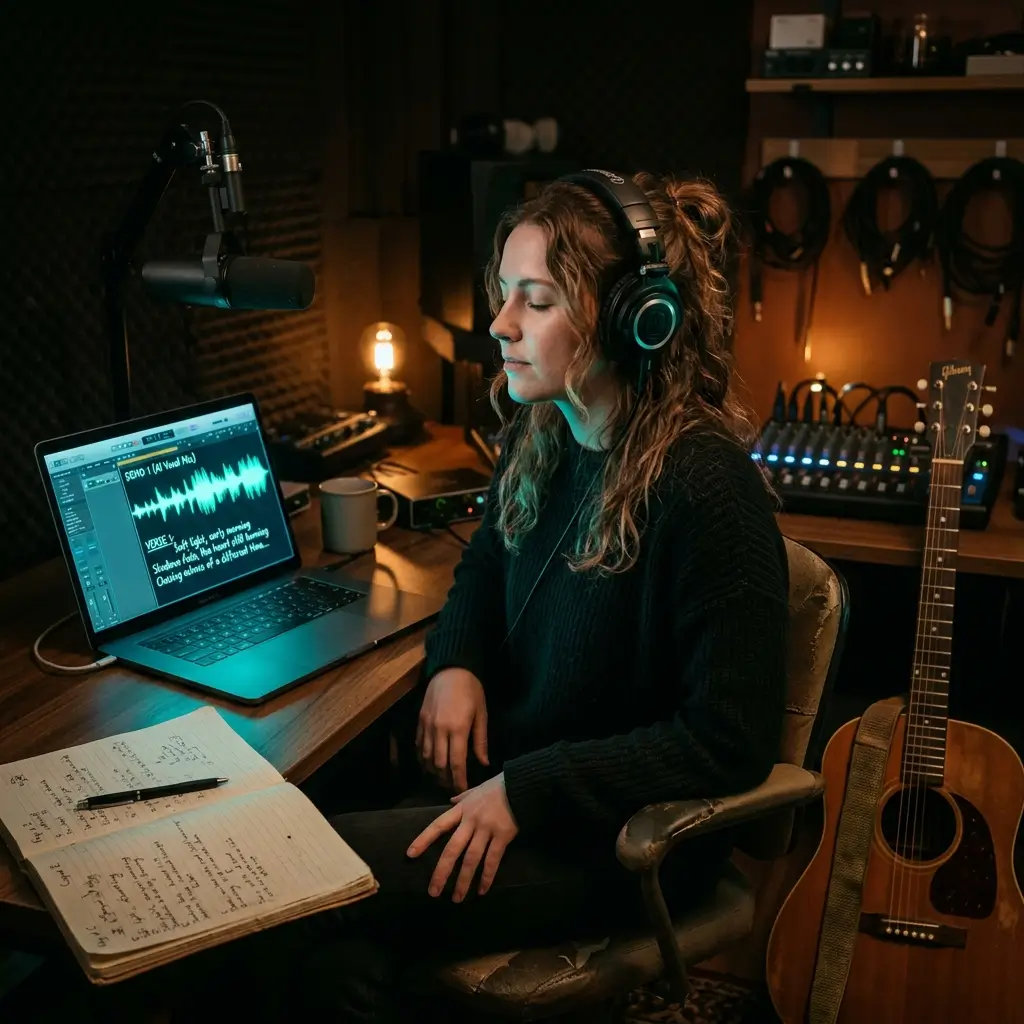 Singer-songwriter listening to an AI-generated demo of their lyrics