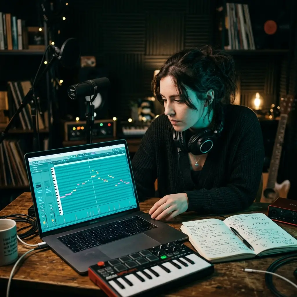 Songwriter zeichnet eine Melodie in einem Online-MIDI-Pianorolleneditor