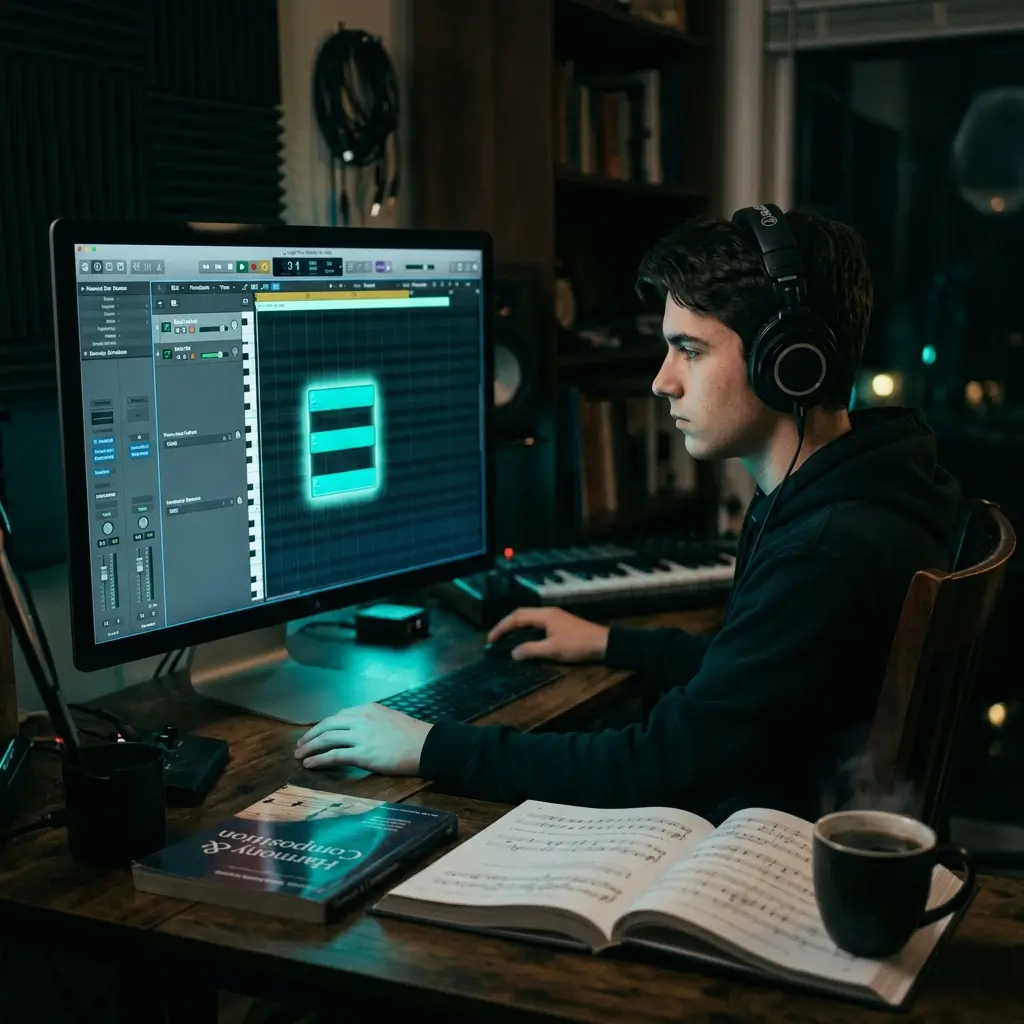 Musikstudent lernt Akkordtheorie auf einer visuellen MIDI-Pianorolle
