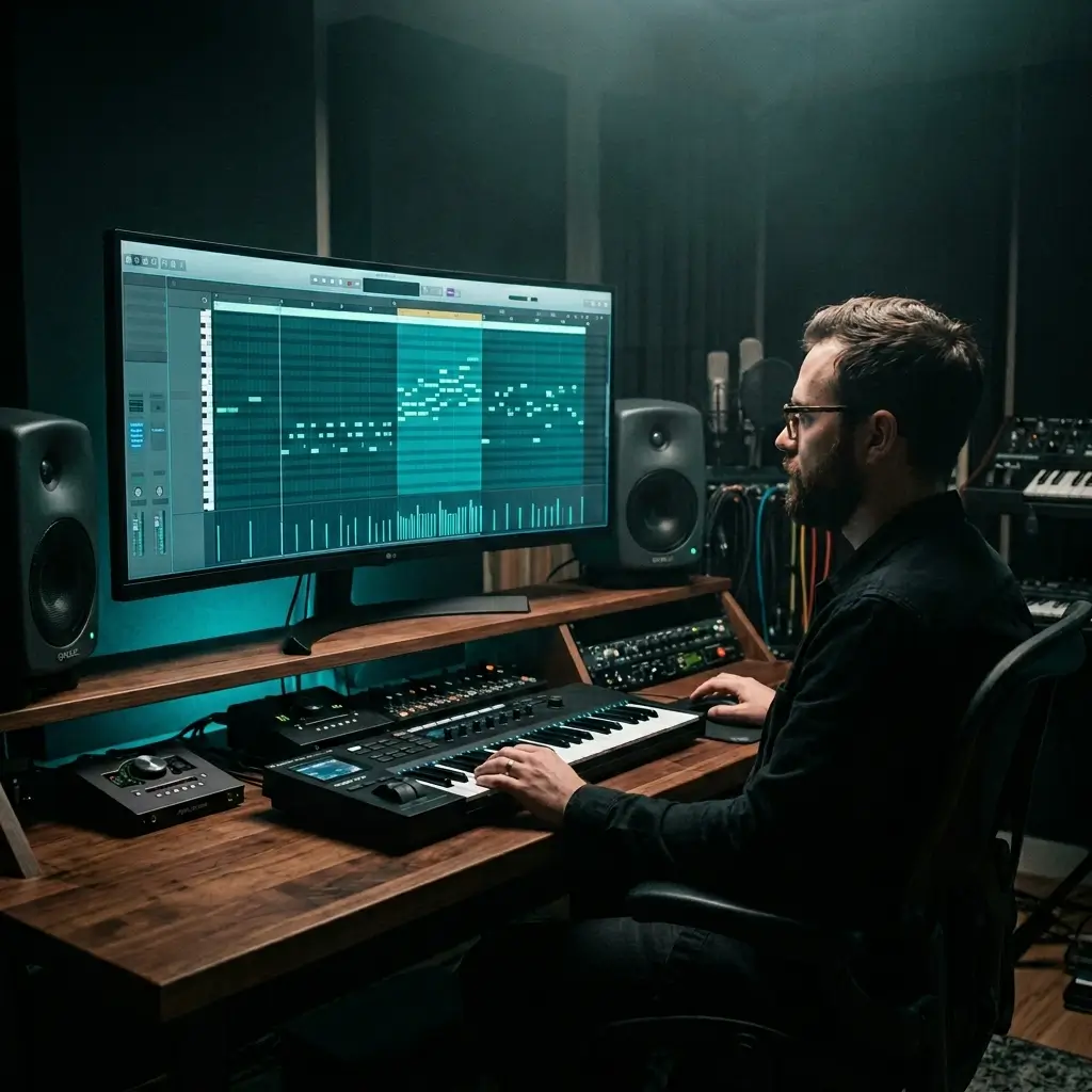 Komponist arrangiert eine vollständige Songstruktur auf einem MIDI-Editor-Raster