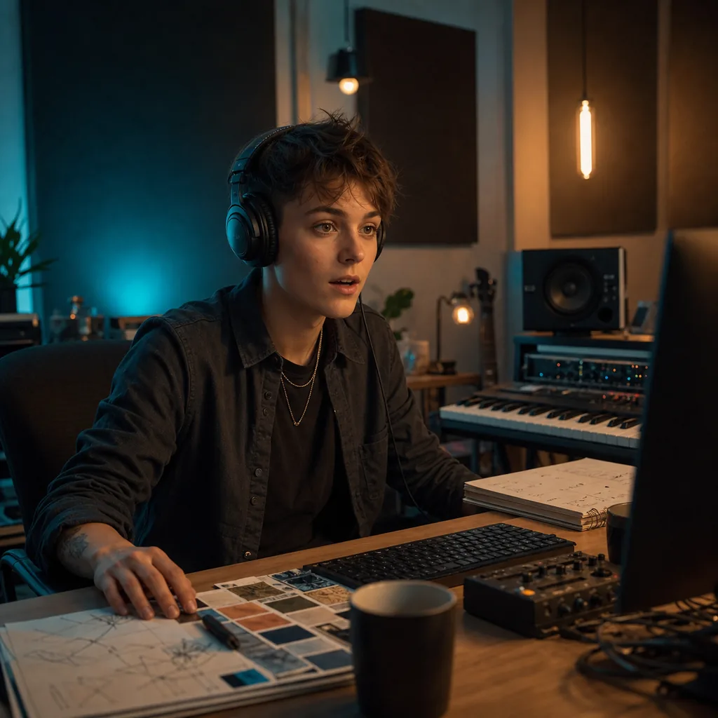 Songwriter hört einen KI-generierten Song mit Gesang im Tonstudio an