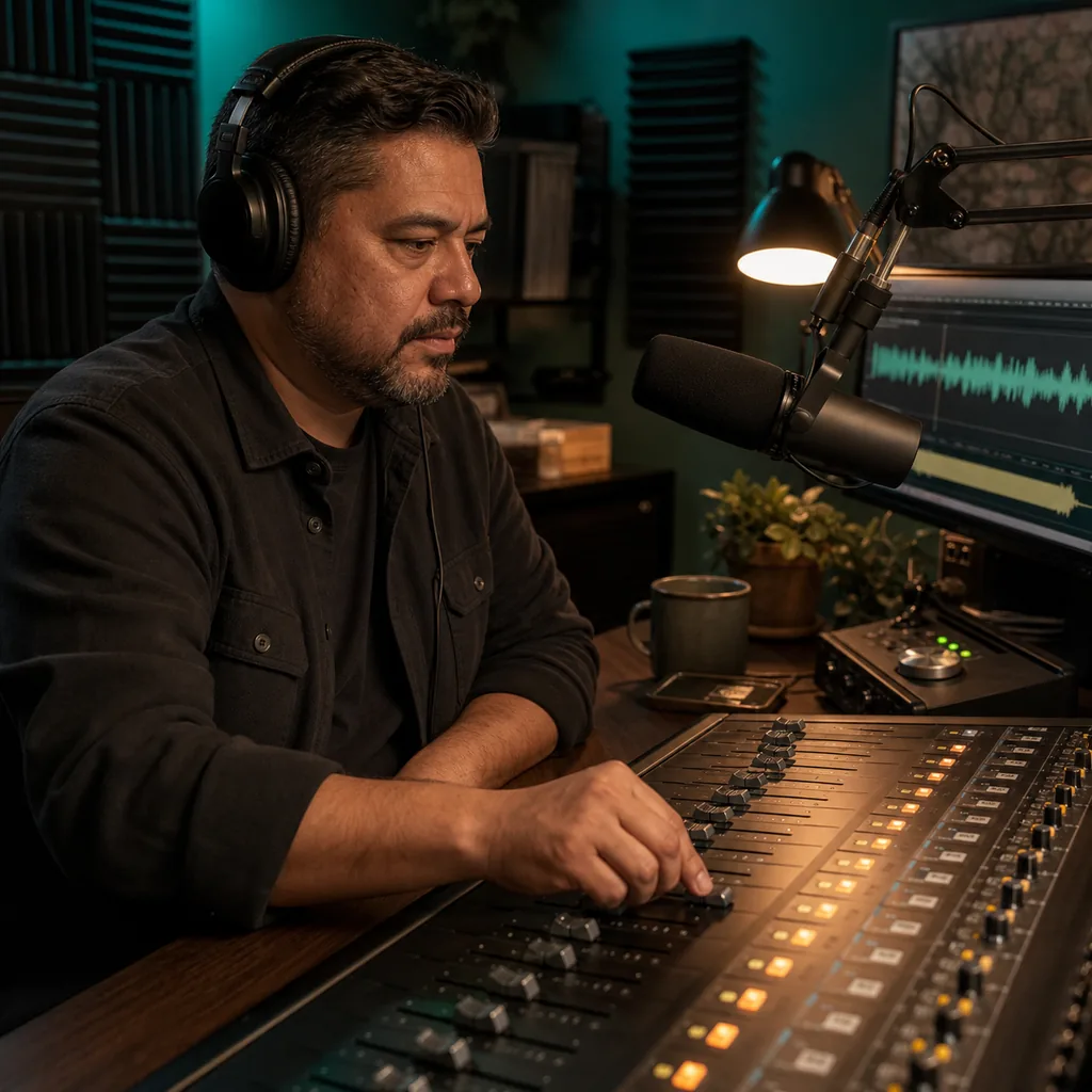 Podcaster hört einen eigenen KI-Musik-Cue im Studio vor