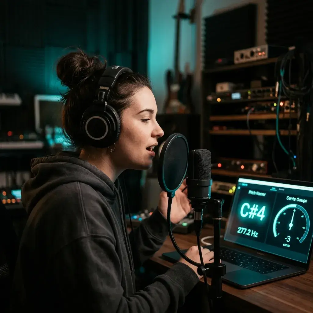 Singer checking vocal pitch accuracy on a real-time pitch detector display