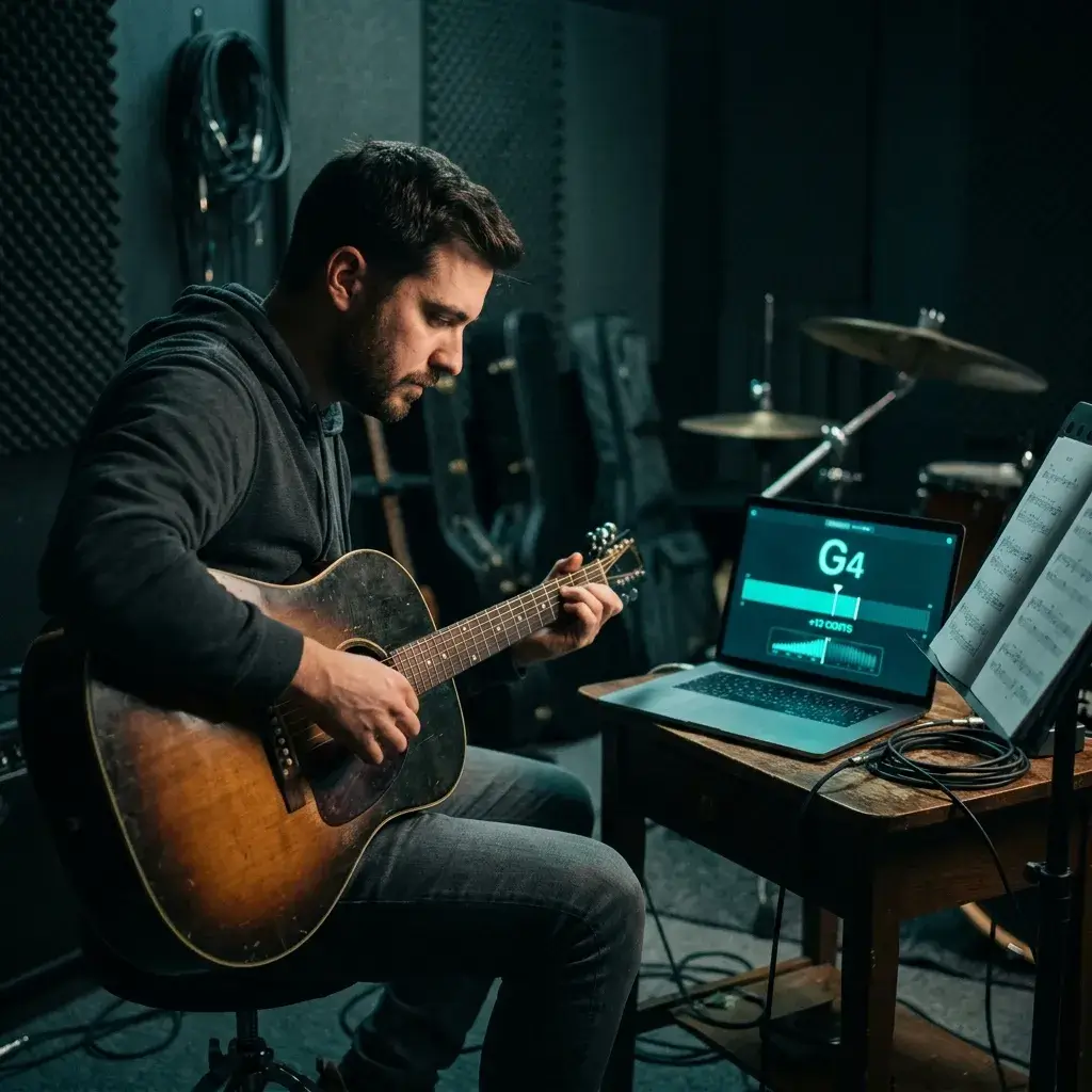 Guitarist tuning a guitar using an online pitch detector on a laptop