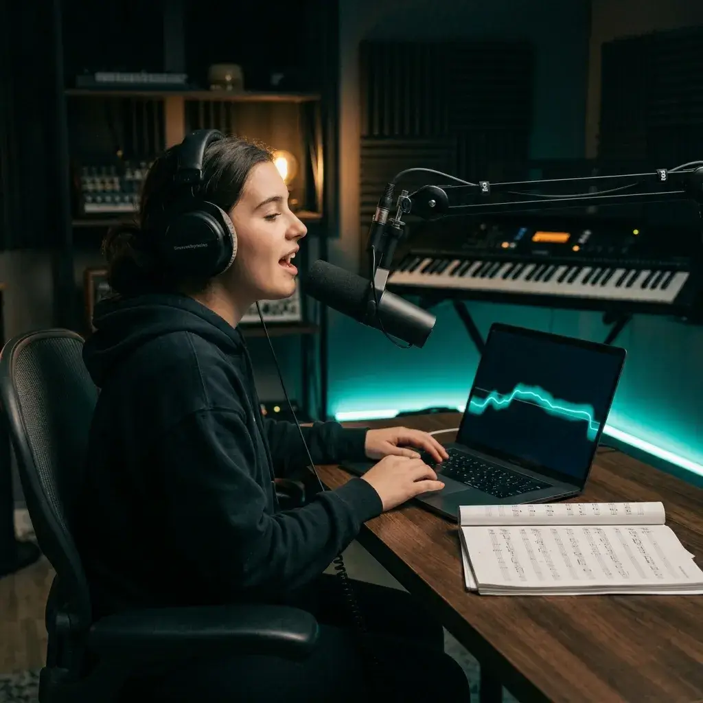 Music student using a pitch detector for ear training exercises