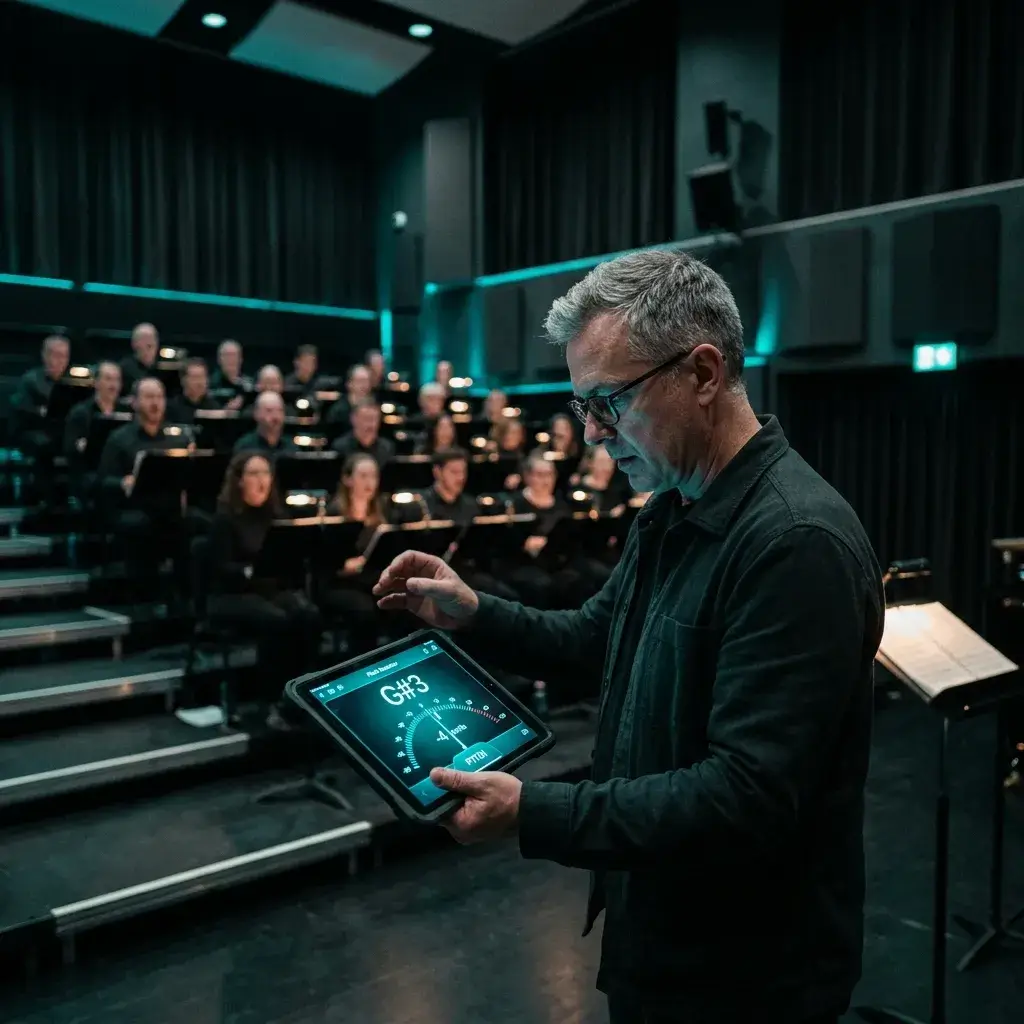 Choir director using a pitch detector to verify section intonation during rehearsal