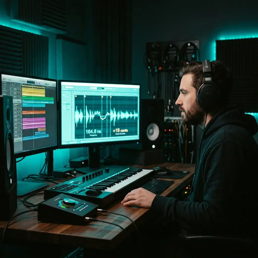 Music producer checking vocal pitch accuracy before applying pitch correction