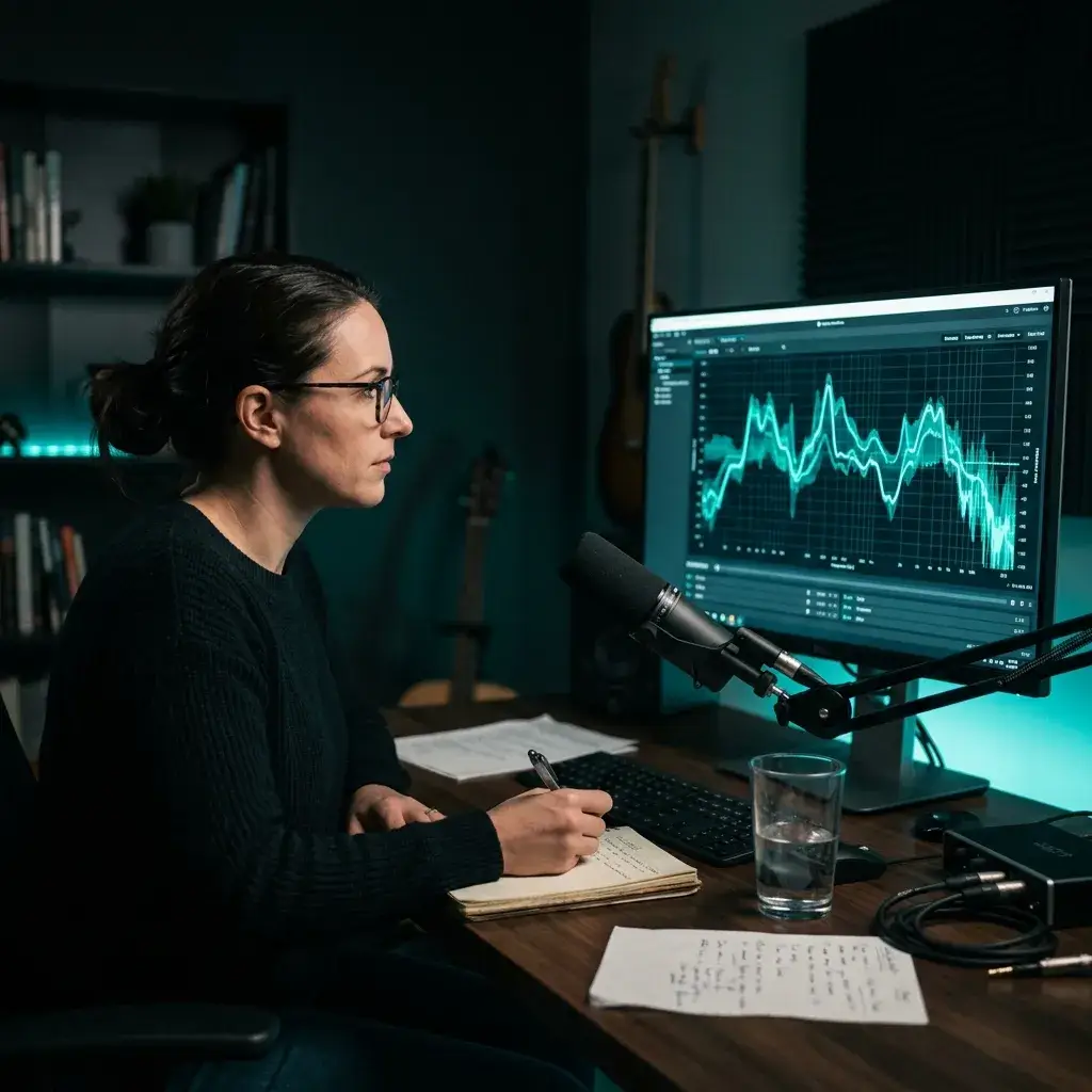 Voice coach analyzing speaking pitch patterns on a pitch detector display