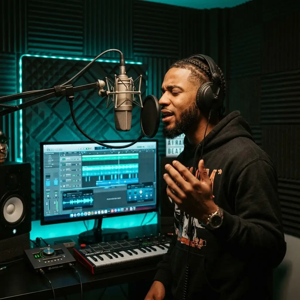 Independent rapper recording vocals over a custom AI-generated rap beat in a home studio