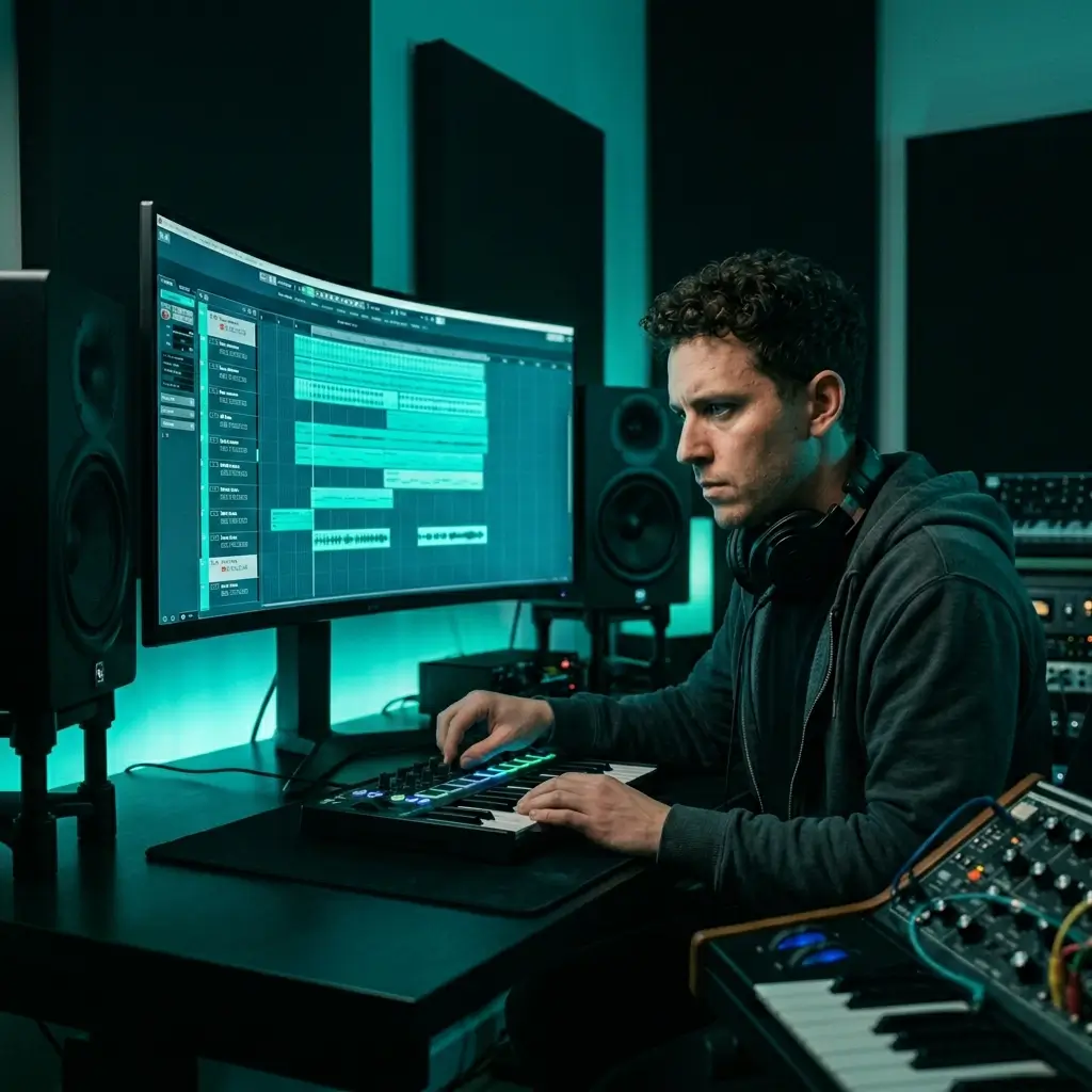 Music producer using an AI beat maker to generate rap instrumental ideas on a studio monitor