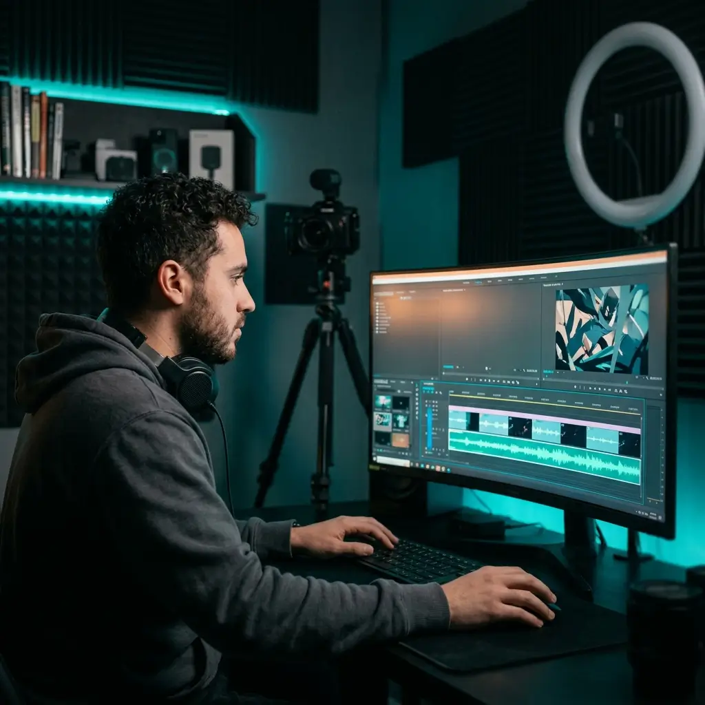 YouTube creator syncing a custom AI rap beat to a video timeline in an editing suite