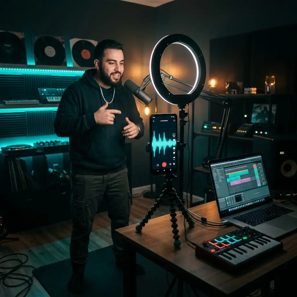 Social media creator filming content with a custom AI rap beat playing on their phone