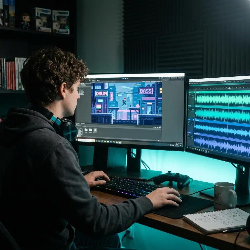 Game developer integrating an AI-generated hip-hop beat into a game scene on a studio monitor