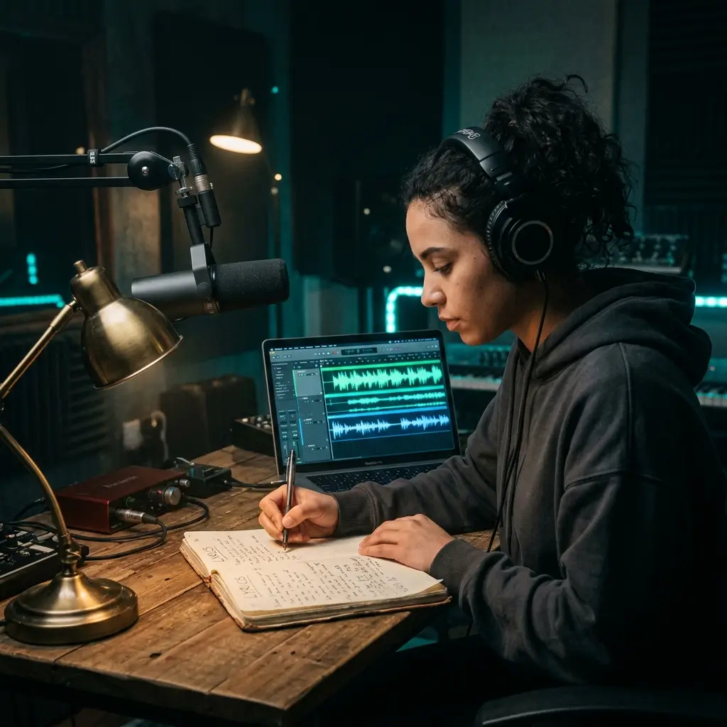 Songwriter writing lyrics while listening to a custom AI-generated rap beat on headphones