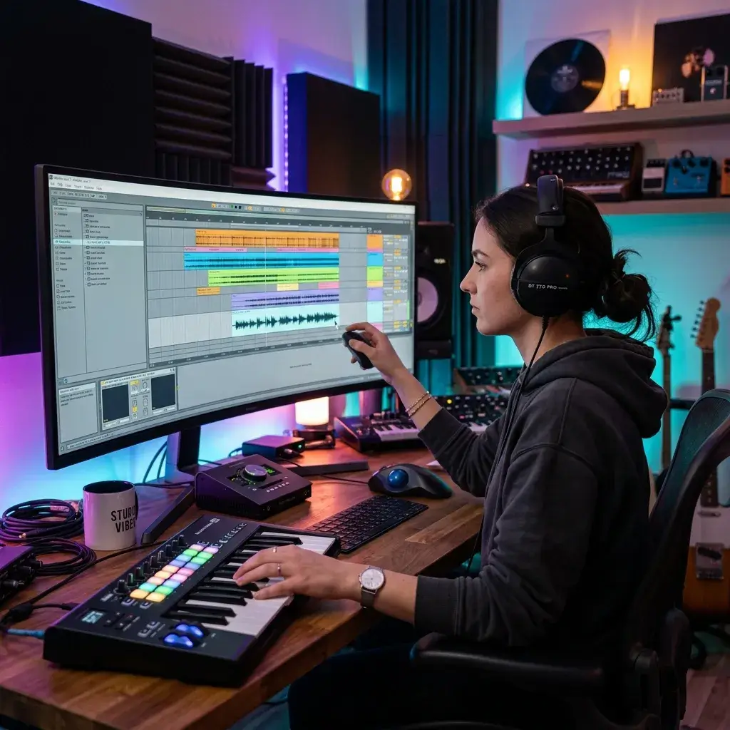 Musikproduzent trägt Kopfhörer in einem Heimstudio und zieht eine isolierte Gesangswellenform in ein DAW-Remix-Projekt auf einem Monitor