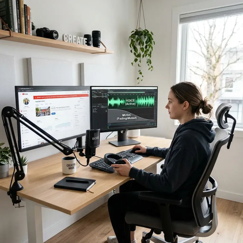 Der Inhaltsersteller schaut sich eine YouTube Studio-Urheberrechtsanspruchsbenachrichtigung an, während ein Tool zum Entfernen von Hintergrundmusik den Ton auf einem zweiten Bildschirm verarbeitet