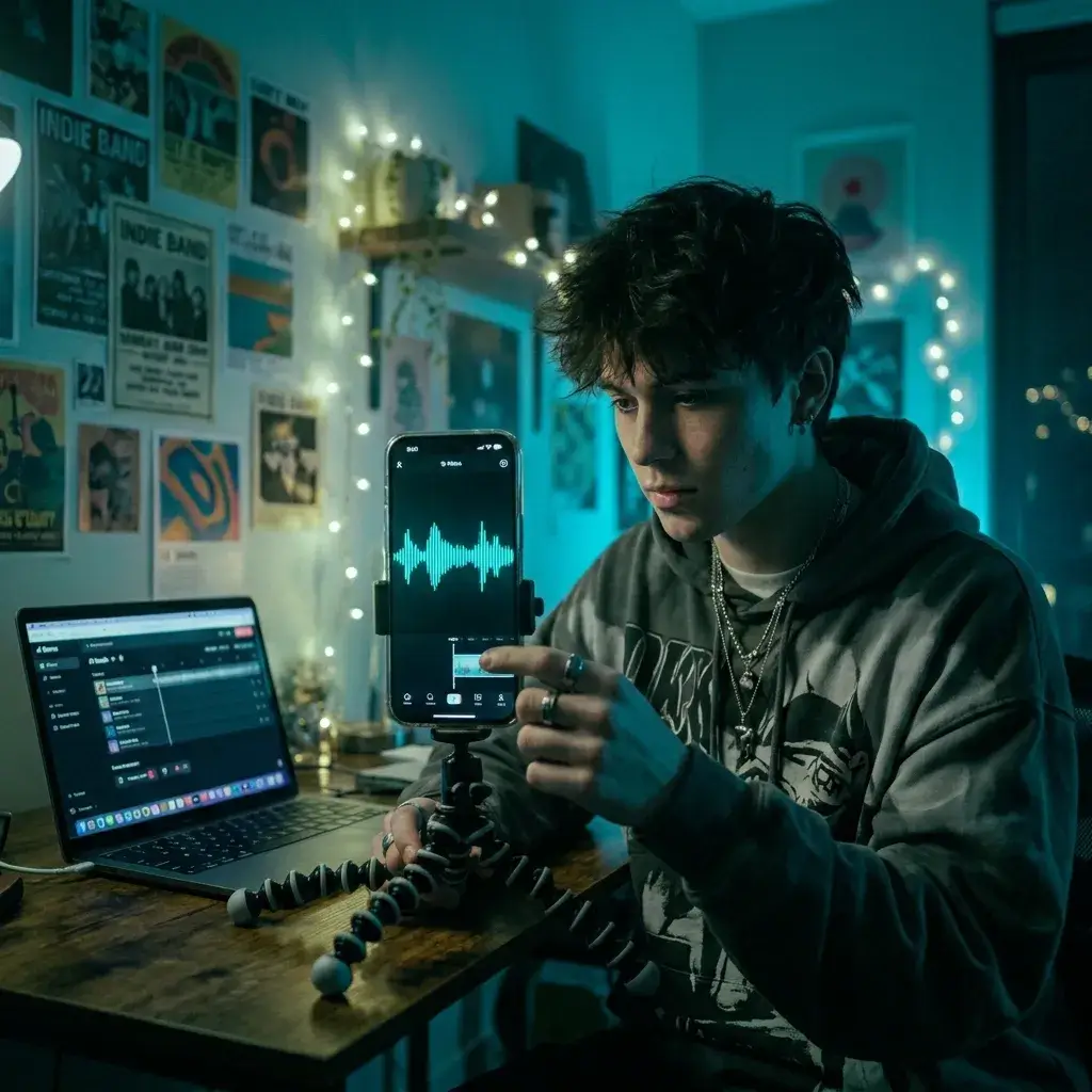 Content creator making a TikTok aesthetic edit with slowed and reverb music