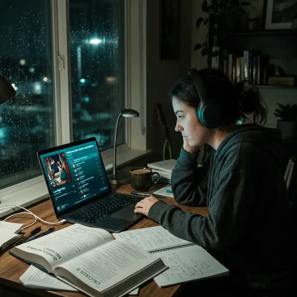 Student studying at night with lo-fi slowed and reverb music playing through headphones